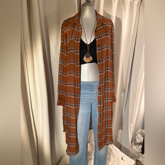 Forever 21 Plaid Sheer Longline Tunic Duster Shirt Cardigan Brown Boho Size M - Picture 9 of 9